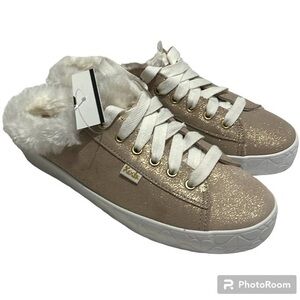 New Kate Spade x Keds Women’s Rose Gold Sparkly Furry Mules Slides Size 6 NWT